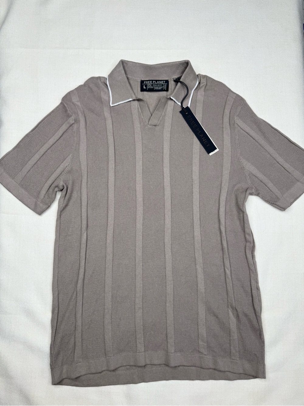 Free Planet Polo Shirt Mens Size L Gray Knit Ribbed Open Collar Golf